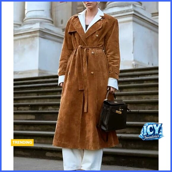 Faux Suede Long Trench Pea Coat with Belt Notched Lapel Double Breasted - Picture 4 of 7